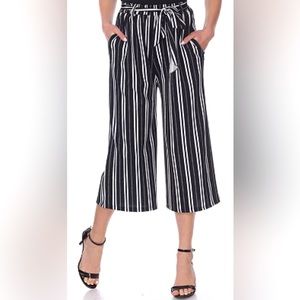 Women’s Palazzo Pants Black/White Striped-Belted/Pockets-LARGE